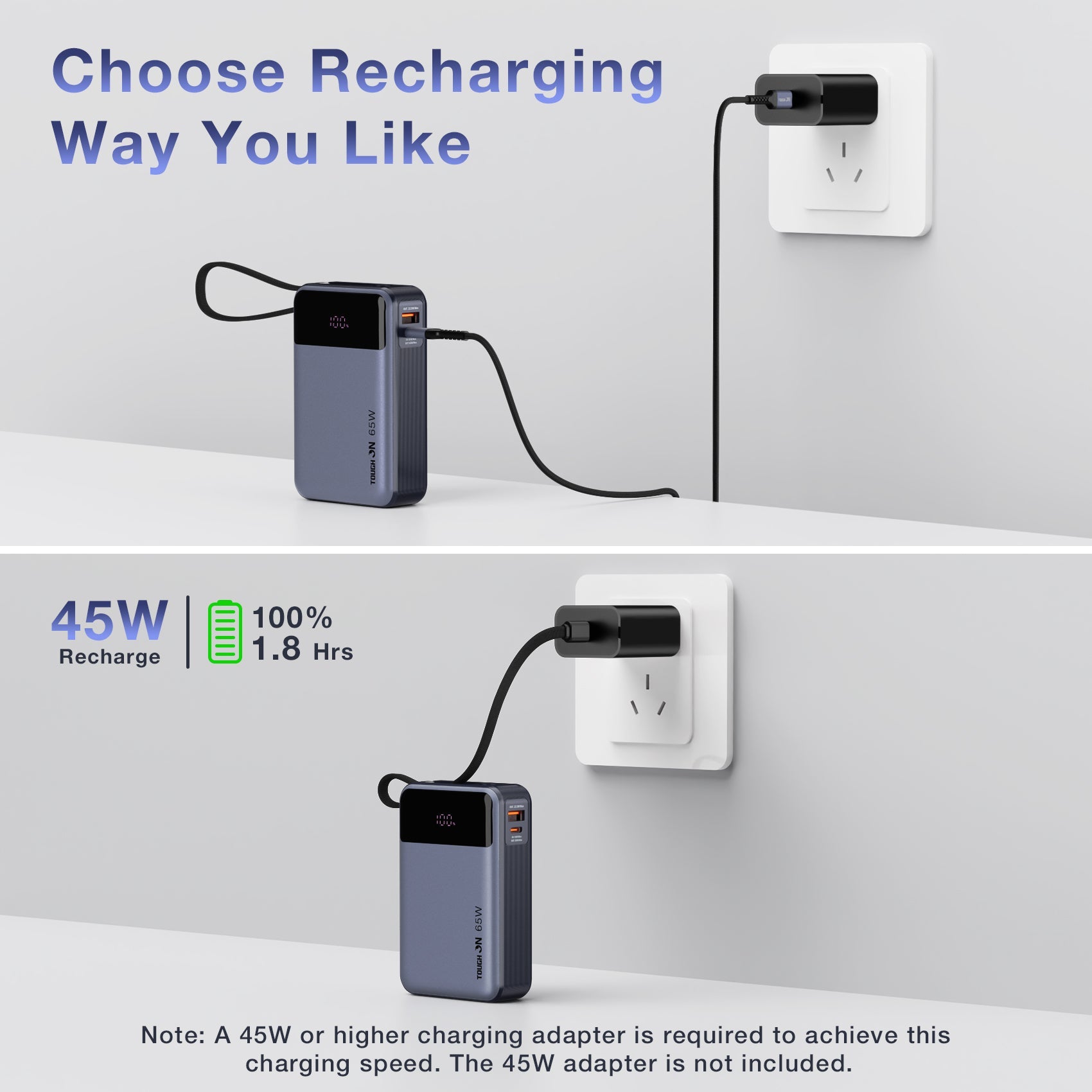 Recharging the Tough On 20000mAh power bank with a 45W PD wall charger