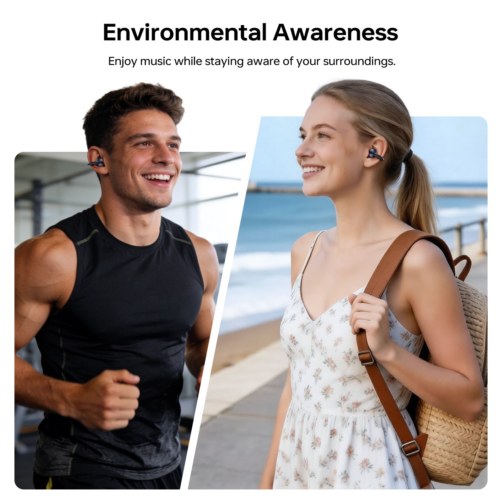 Runner wearing TOUGH ON OpenClip open-ear earbuds for outdoor awareness and safety