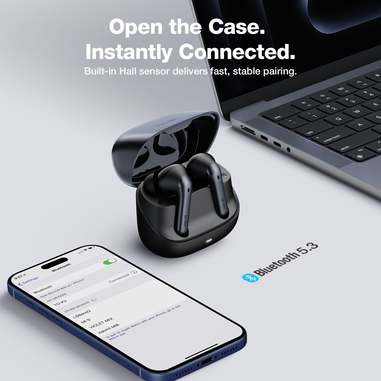 Smart touch controls on sleek black in-ear earbuds