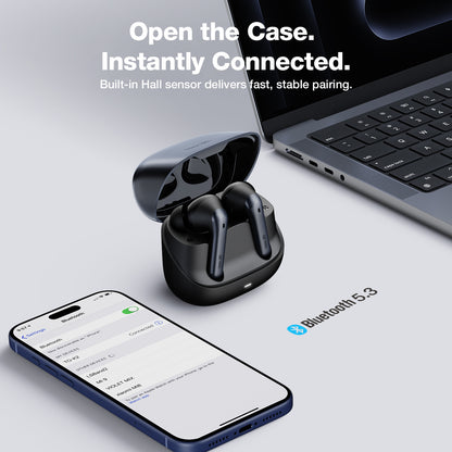 Smart touch controls on sleek black in-ear earbuds