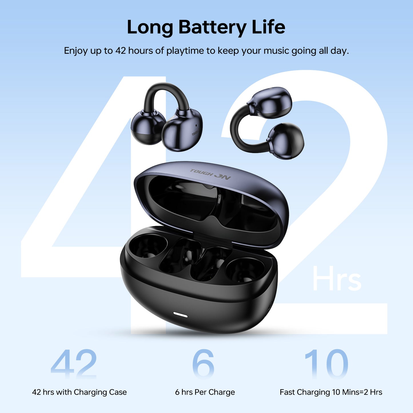 TOUGH ON OpenClip wireless earbuds charging case with 42 hours total battery life