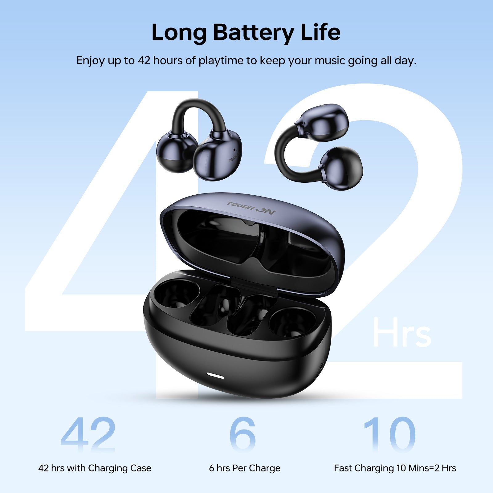 TOUGH ON OpenClip wireless earbuds charging case with 42 hours total battery life