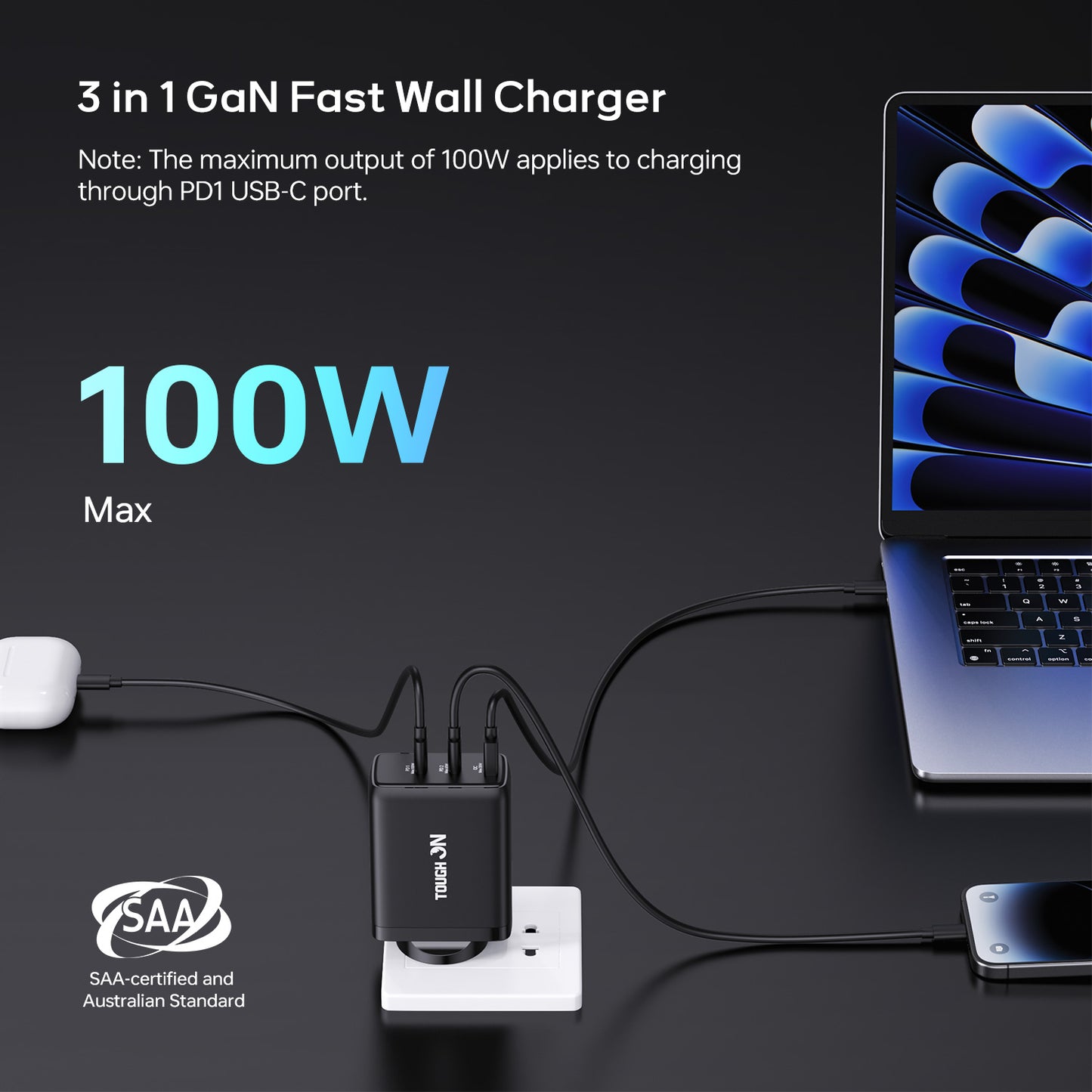 Tough On 100W 3 Port PD & QC 3.0 Fast Gan Wall Charger