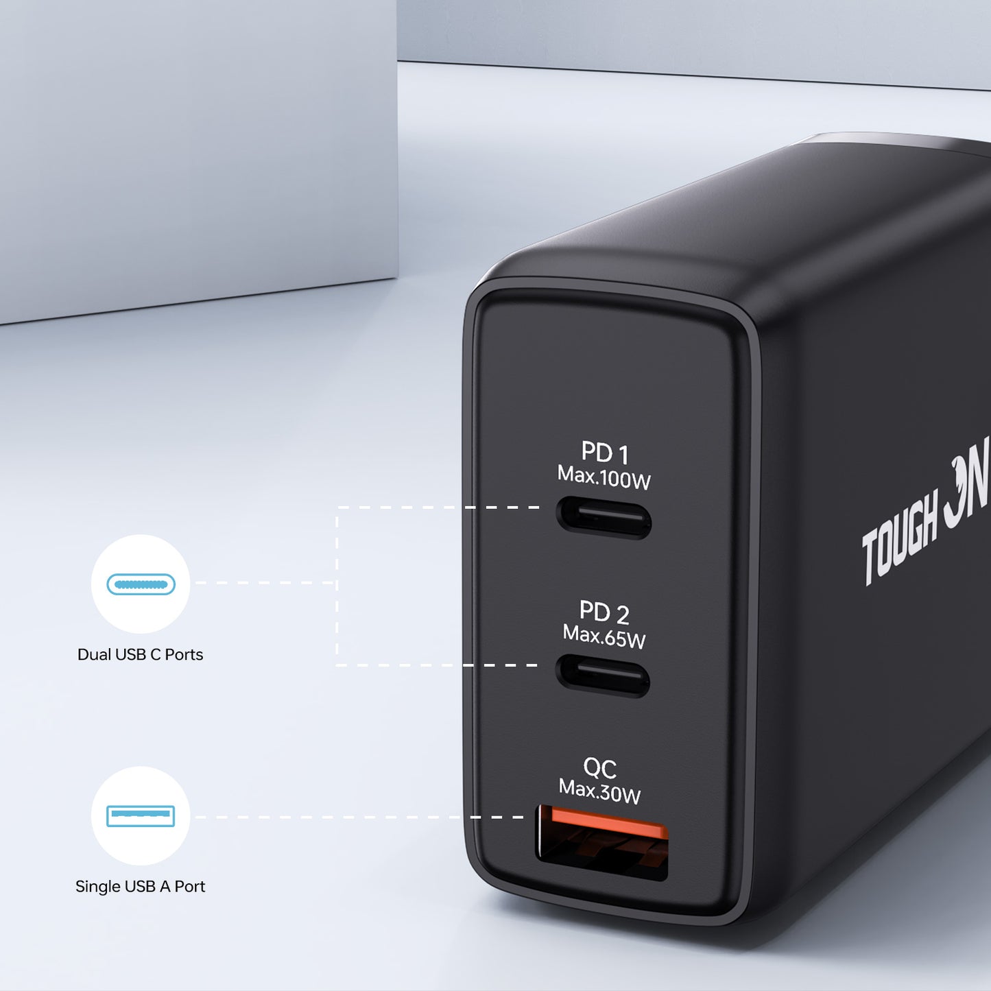 Tough On 100W 3 Port PD & QC 3.0 Fast Gan Wall Charger