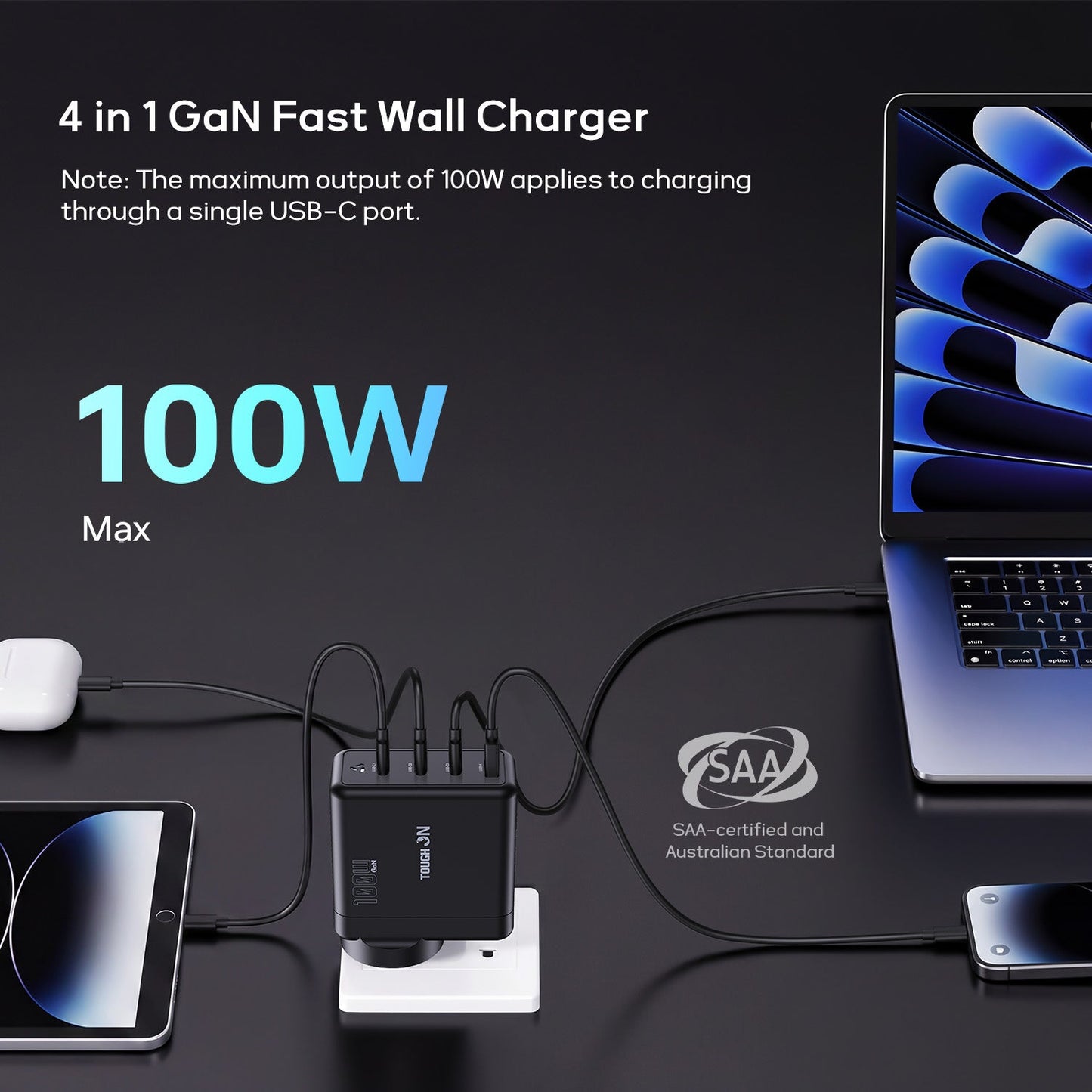 Tough On 100W 4 Port PD & QC 3.0 Fast Gan Wall Charger