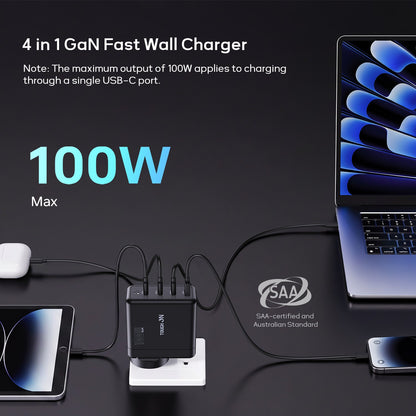 Tough On 100W 4 Port PD & QC 3.0 Fast Gan Wall Charger