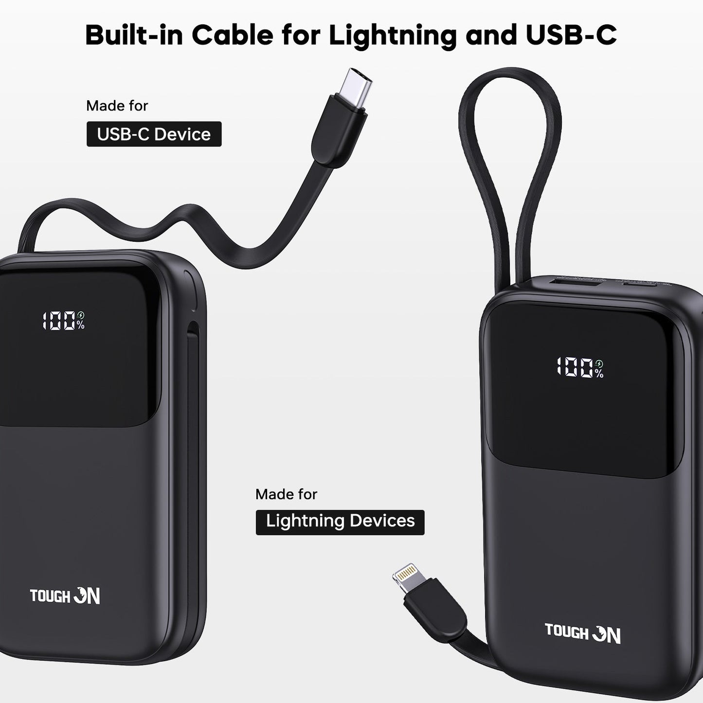 Tough On 20W 10000mAh Power Bank with Built-In Lightning and USB-C Cables