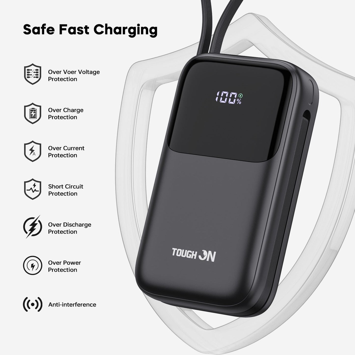 Tough On 20W 10000mAh Power Bank with Built-In Lightning and USB-C Cables