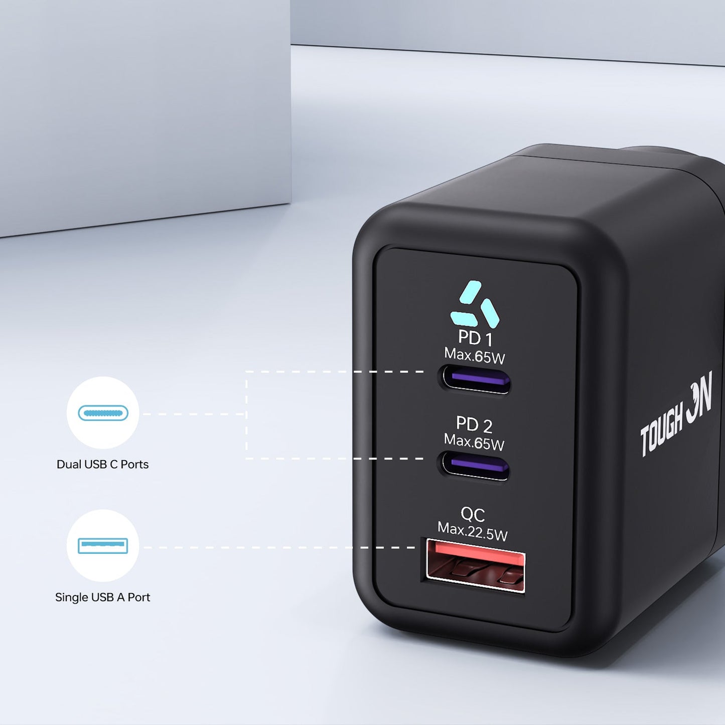 Tough On 65W 3 Port PD & QC 3.0 Fast Wall Charger