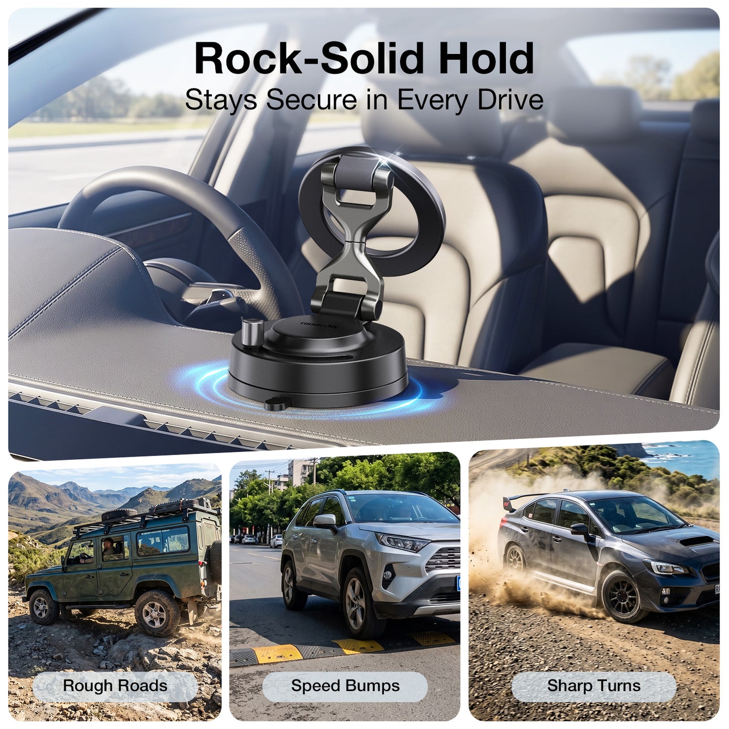 Car dashboard mount with text 'Rock-Solid Hold Stays Secure in Every Drive' and images of a car on rough roads, speed bumps, and sharp turns.