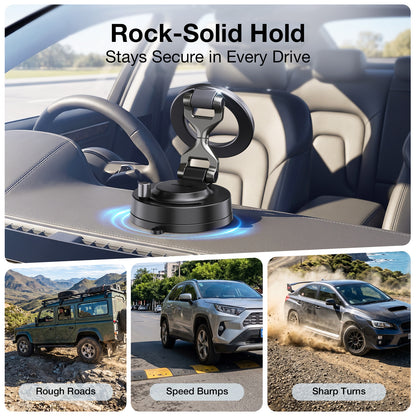 Car dashboard mount with text 'Rock-Solid Hold Stays Secure in Every Drive' and images of a car on rough roads, speed bumps, and sharp turns.