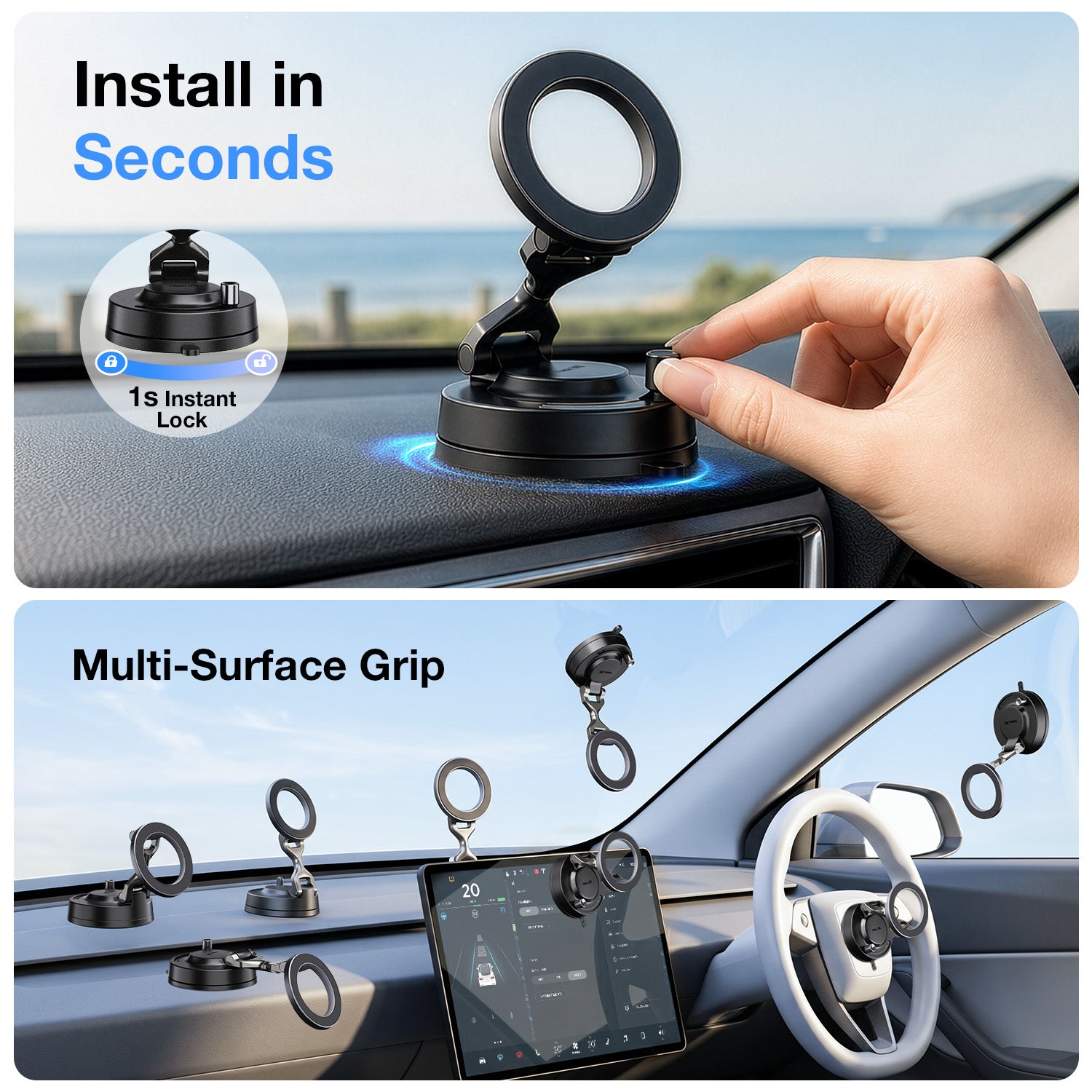 Car phone mount with installation process and multi-surface grip features.