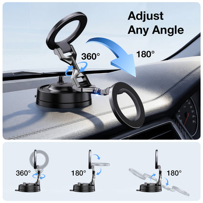 Phone holder with adjustable angles on a car dashboard, showing 360-degree and 180-degree rotation.