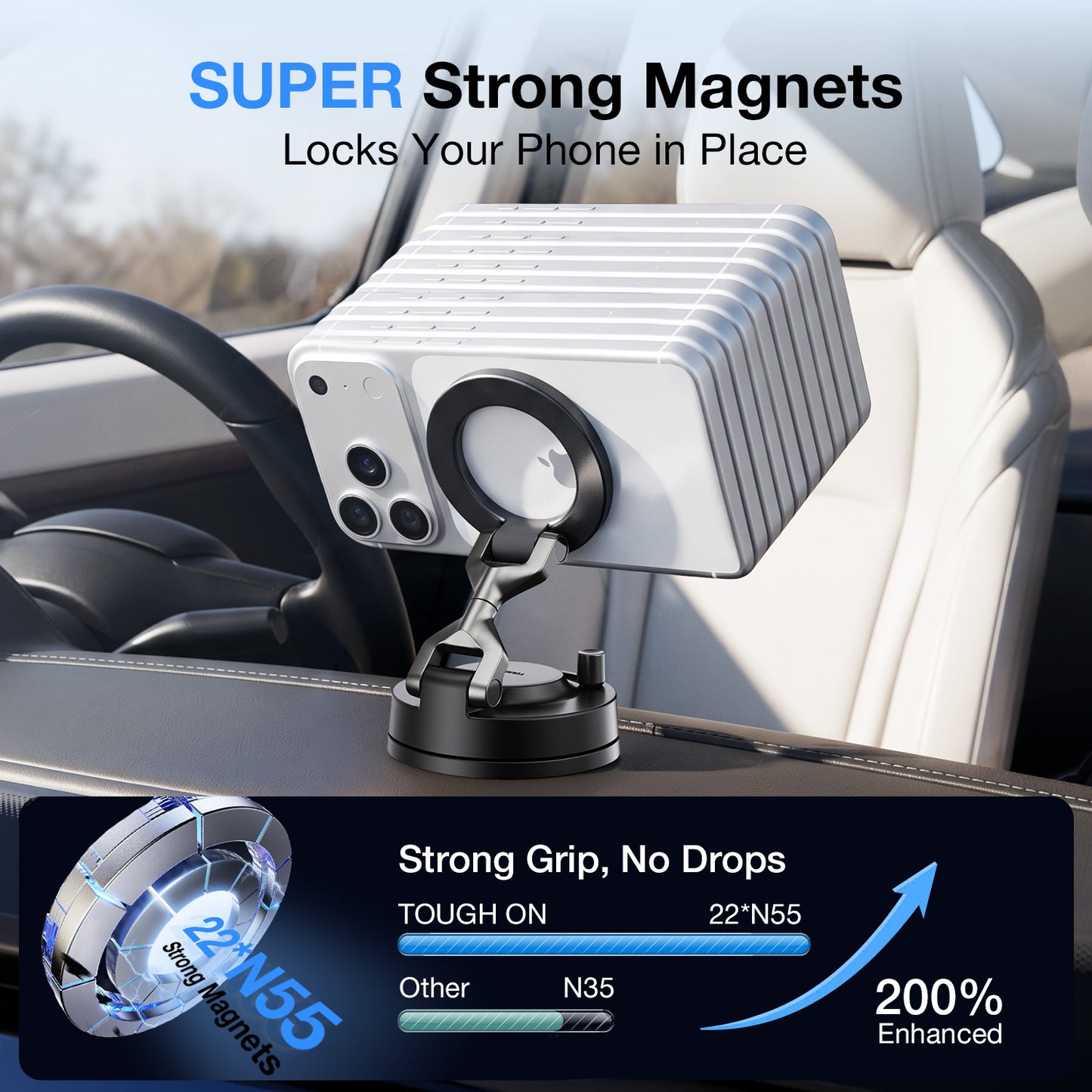 Car phone holder with magnets on a car dashboard, showing text about strong magnets and grip.