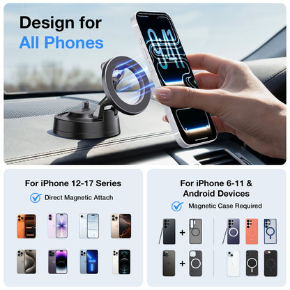 Phone holder for various phone models with a hand holding a phone.