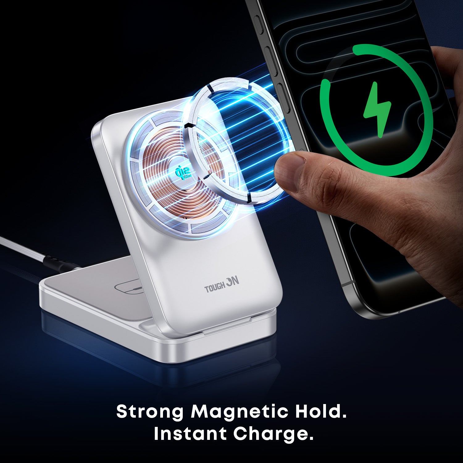 Wireless charging stand with a hand holding a phone, highlighting 'Strong Magnetic Hold' and 'Instant Charge'.