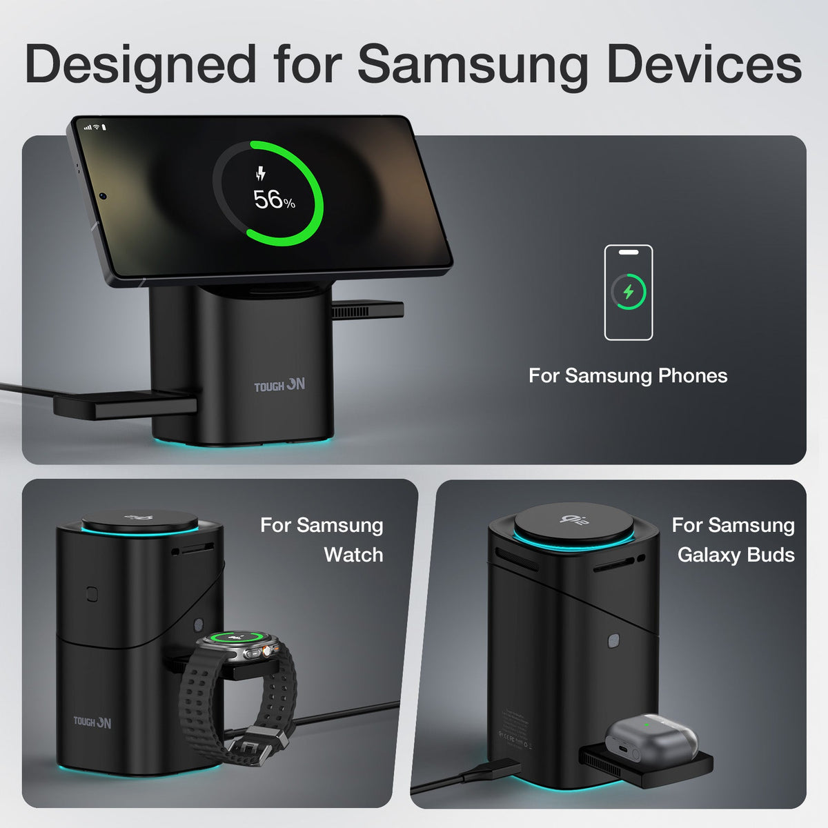 Tough On MagPro QI2 3-in-1 Wireless Charger for Samsung Galaxy Phone Watch Earbuds