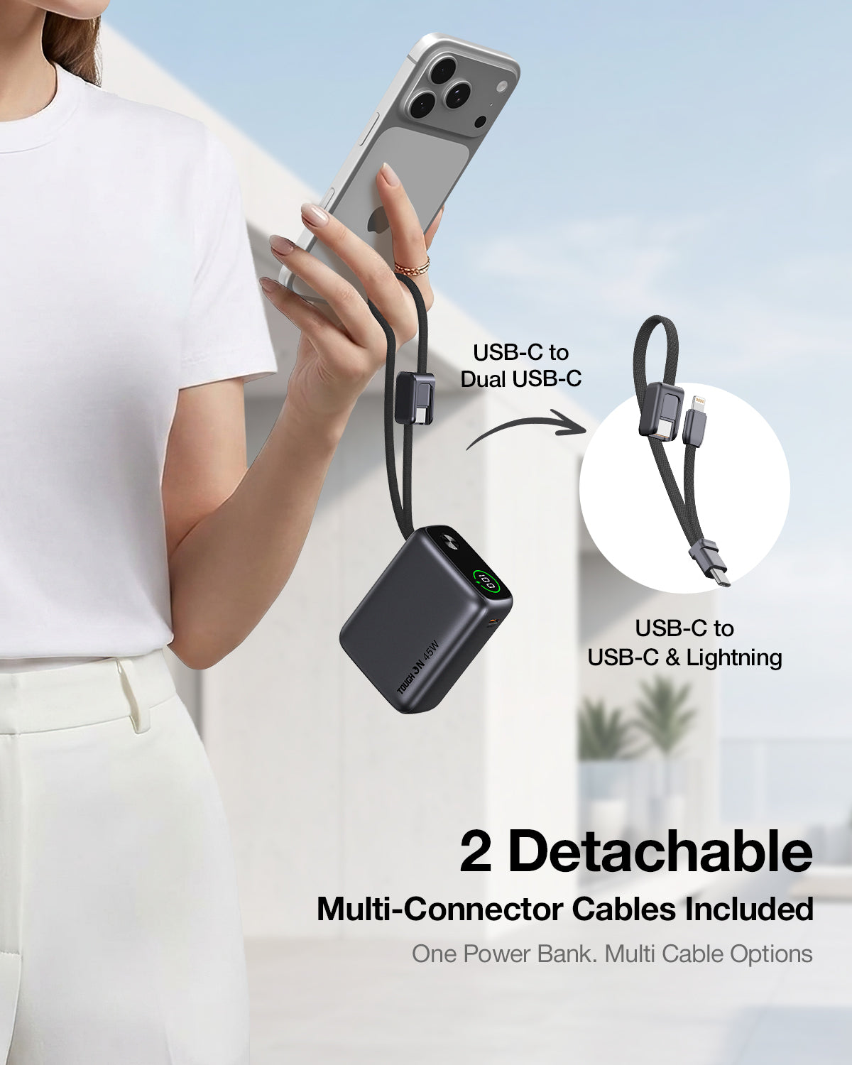 Tough On NanoGo power bank with two detachable multi-connector cables