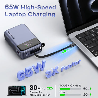 Tough On 65W portable charger fast charging a MacBook Pro laptop