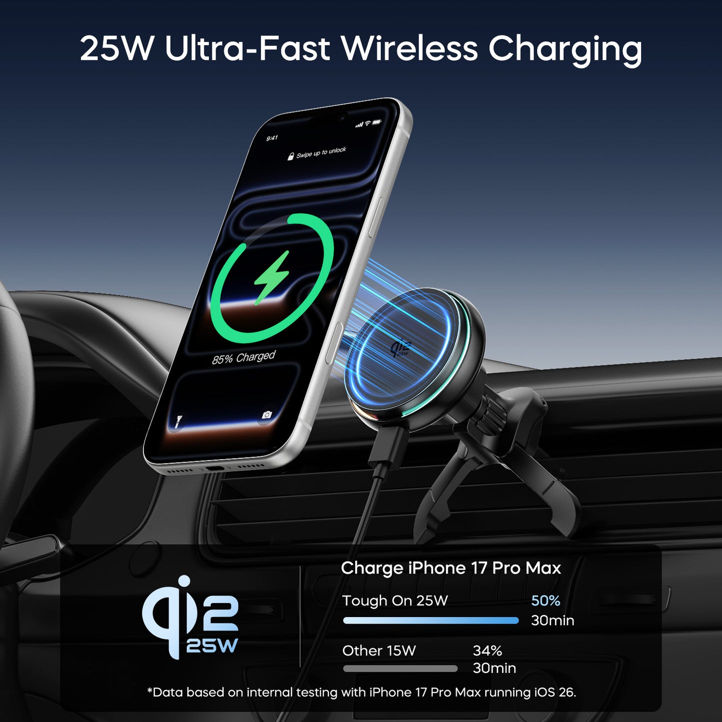 TurboCharge Qi2.2 25W Magnetic Wireless Car Charger with Active Cooling
