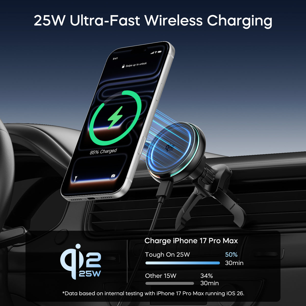 TurboCharge Qi2.2 25W Magnetic Wireless Car Charger with Active Cooling