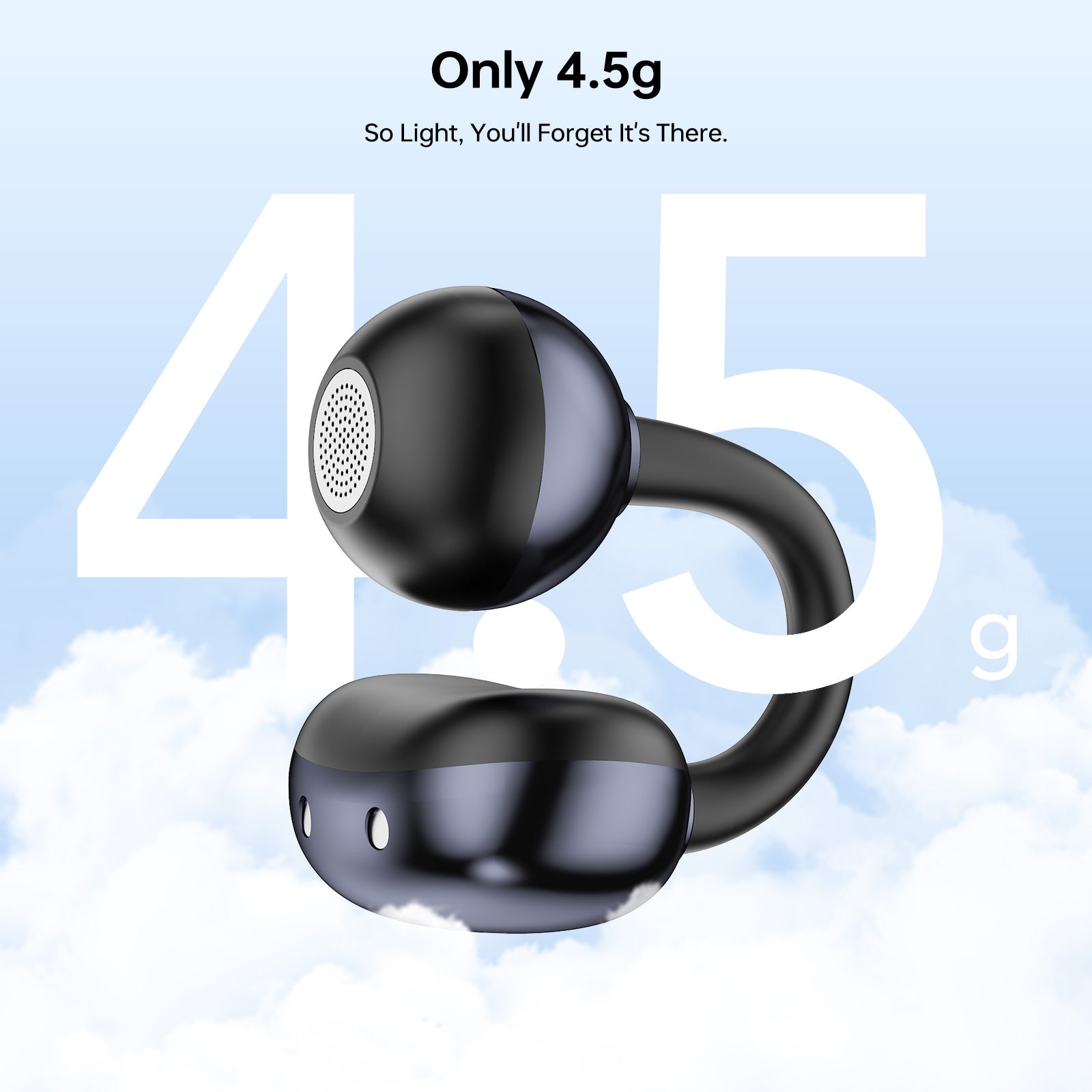 Ultra-light 4.5g ergonomic clip-on design of TOUGH ON OpenClip wireless earbuds