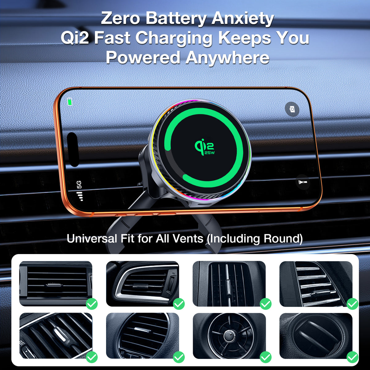 Smart RGB ambient light car charger phone holder illuminating inside vehicle interior at night
