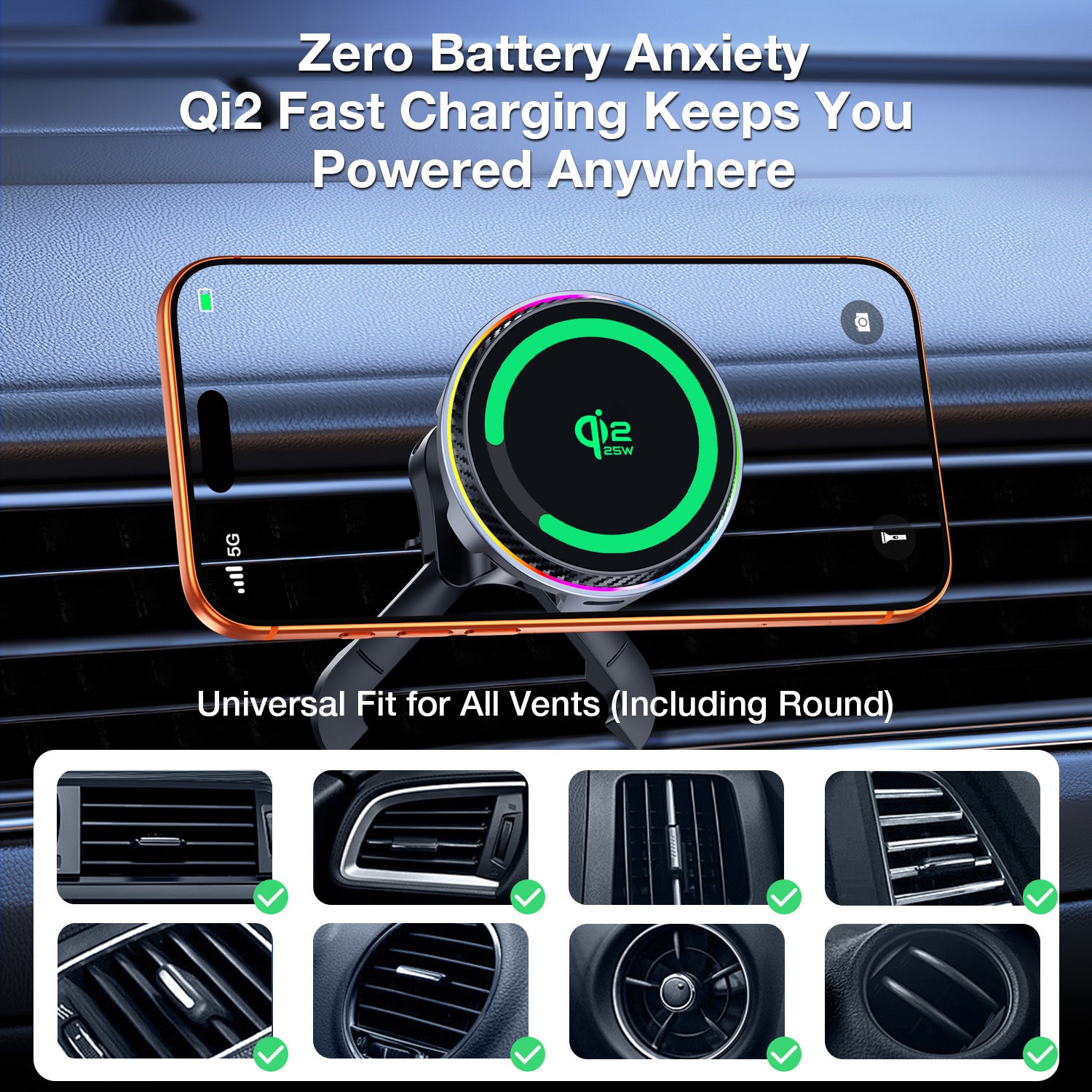 Smart RGB ambient light car charger phone holder illuminating inside vehicle interior at night