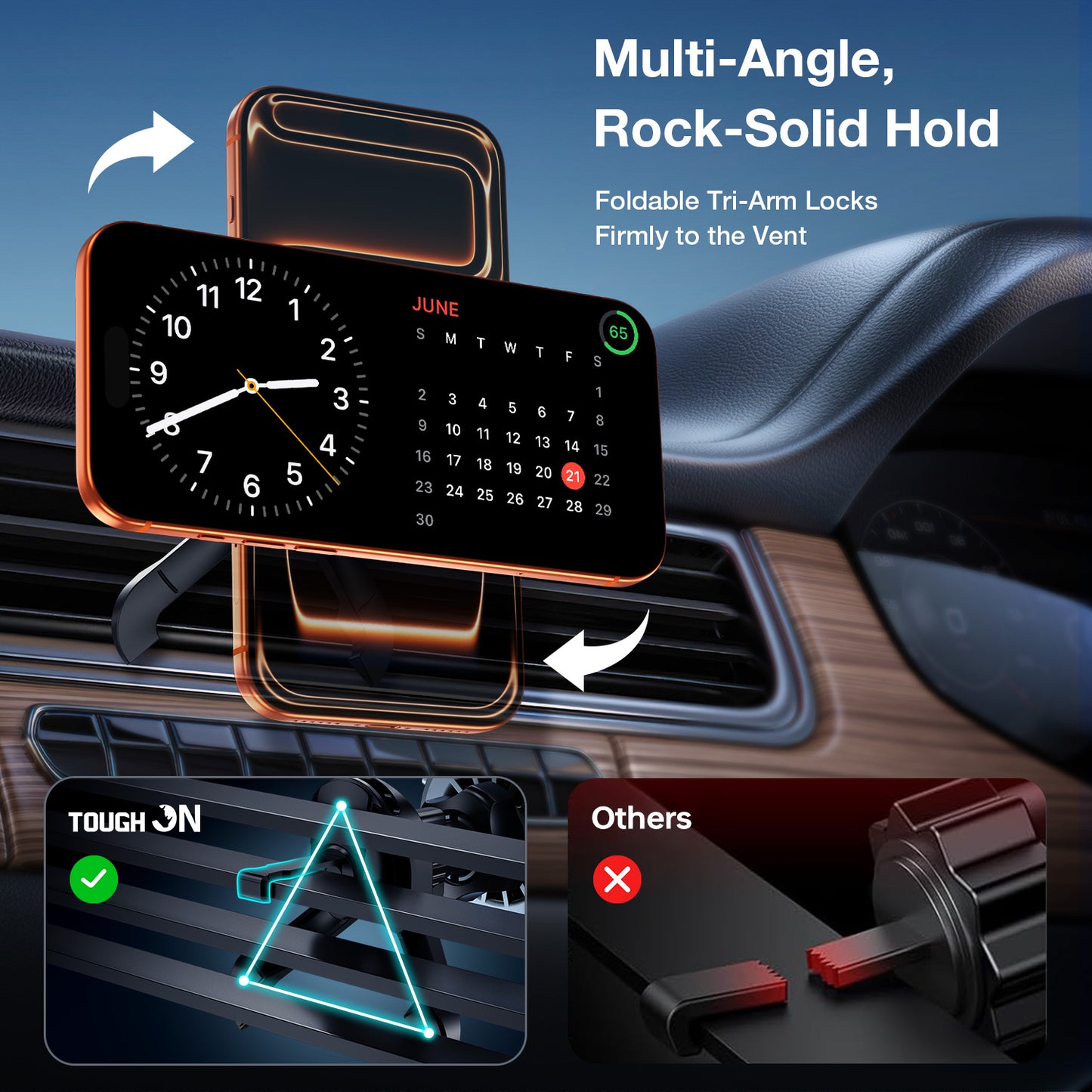 Tough On MagCool wireless car charger mounted on air vent with upgraded 3-point clip