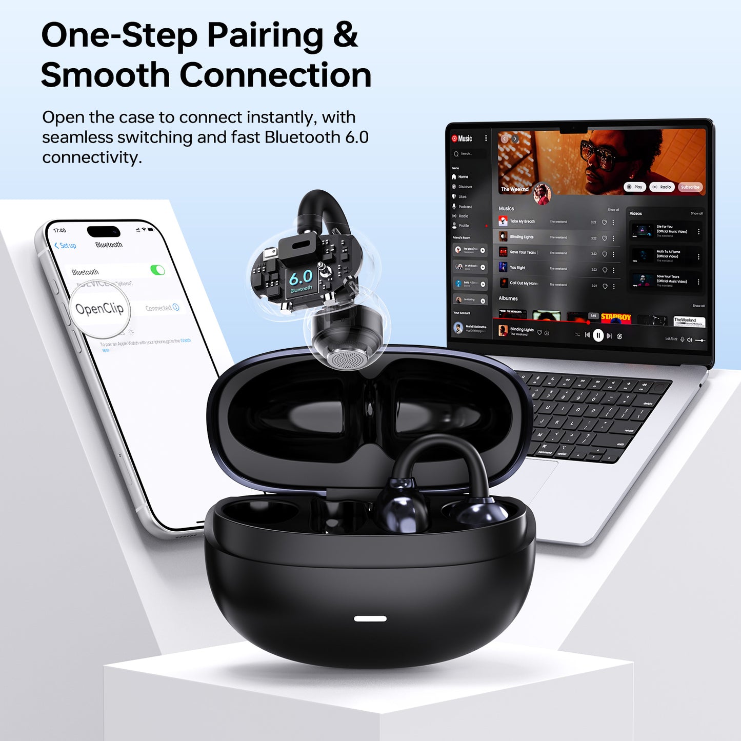 Black wireless earbuds with charging case, smartphone, laptop, and text about pairing and connection.