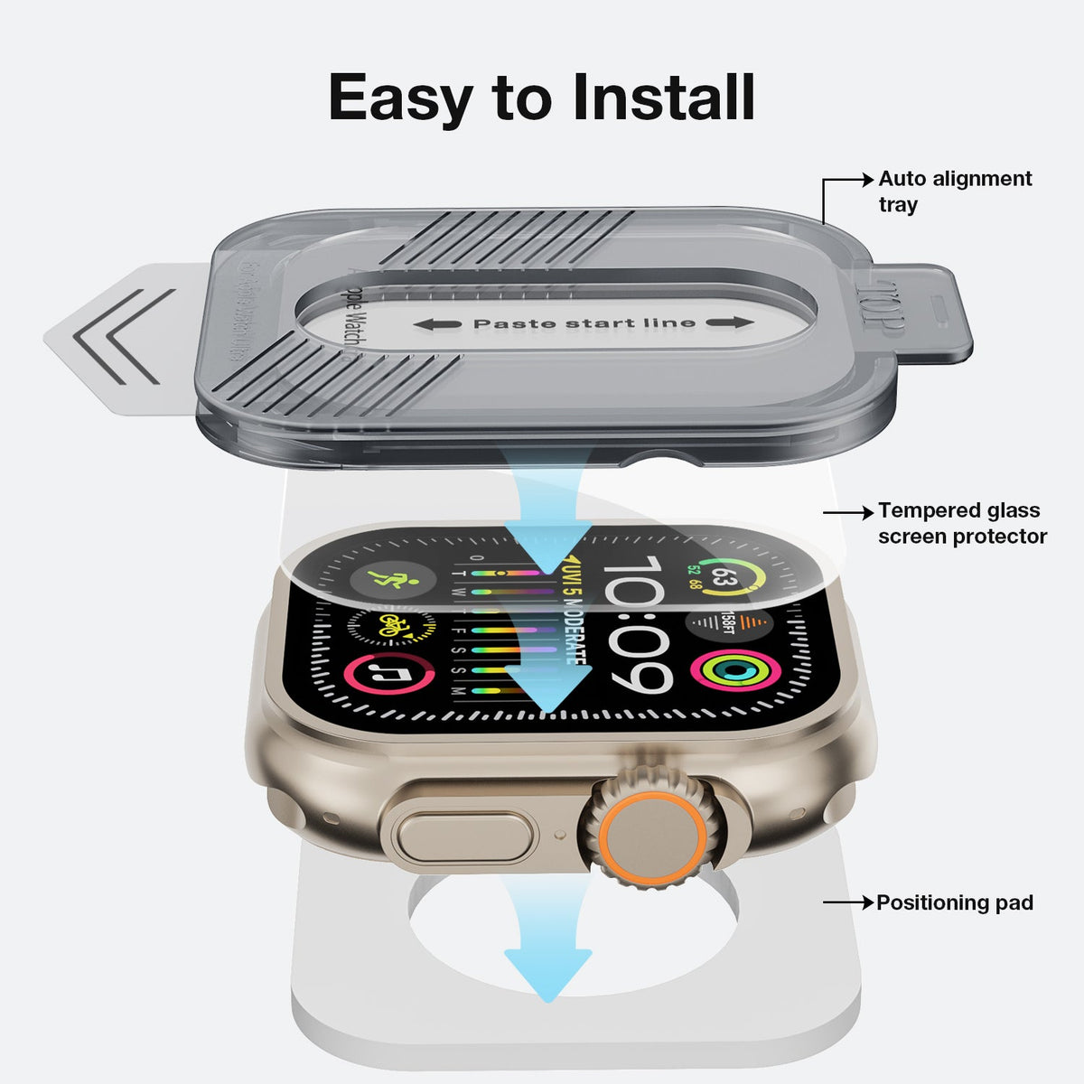 Tough On Apple Watch Ultra 4 / Ultra 3 / Ultra 2 / Ultra Screen Protector Tempered Glass with Install Frame 2 Pack