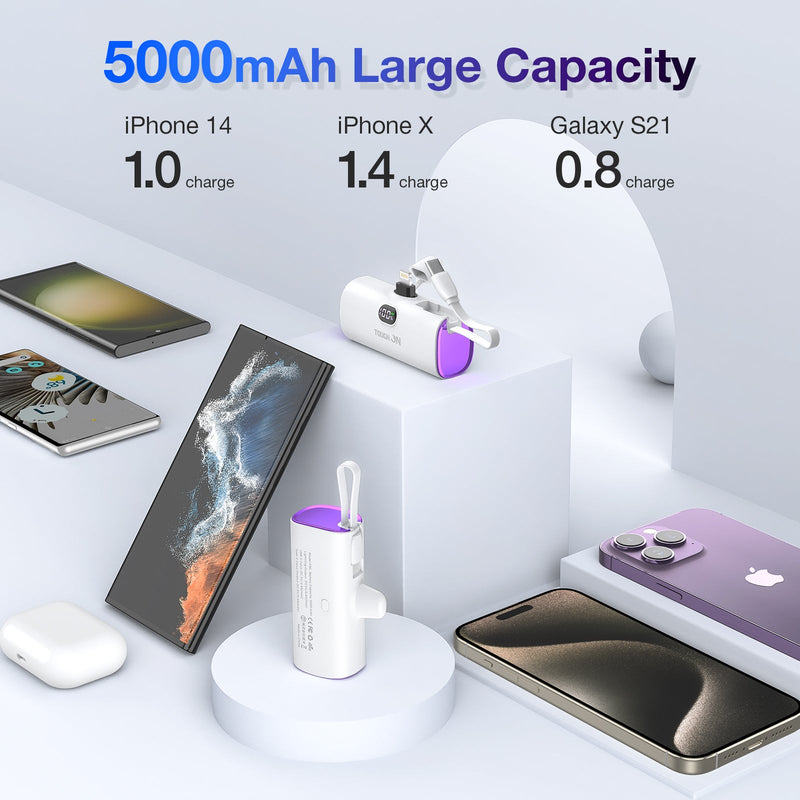 Tough On Small Portable Charger 5000mAh Mini Power Bank with Built-in Cable