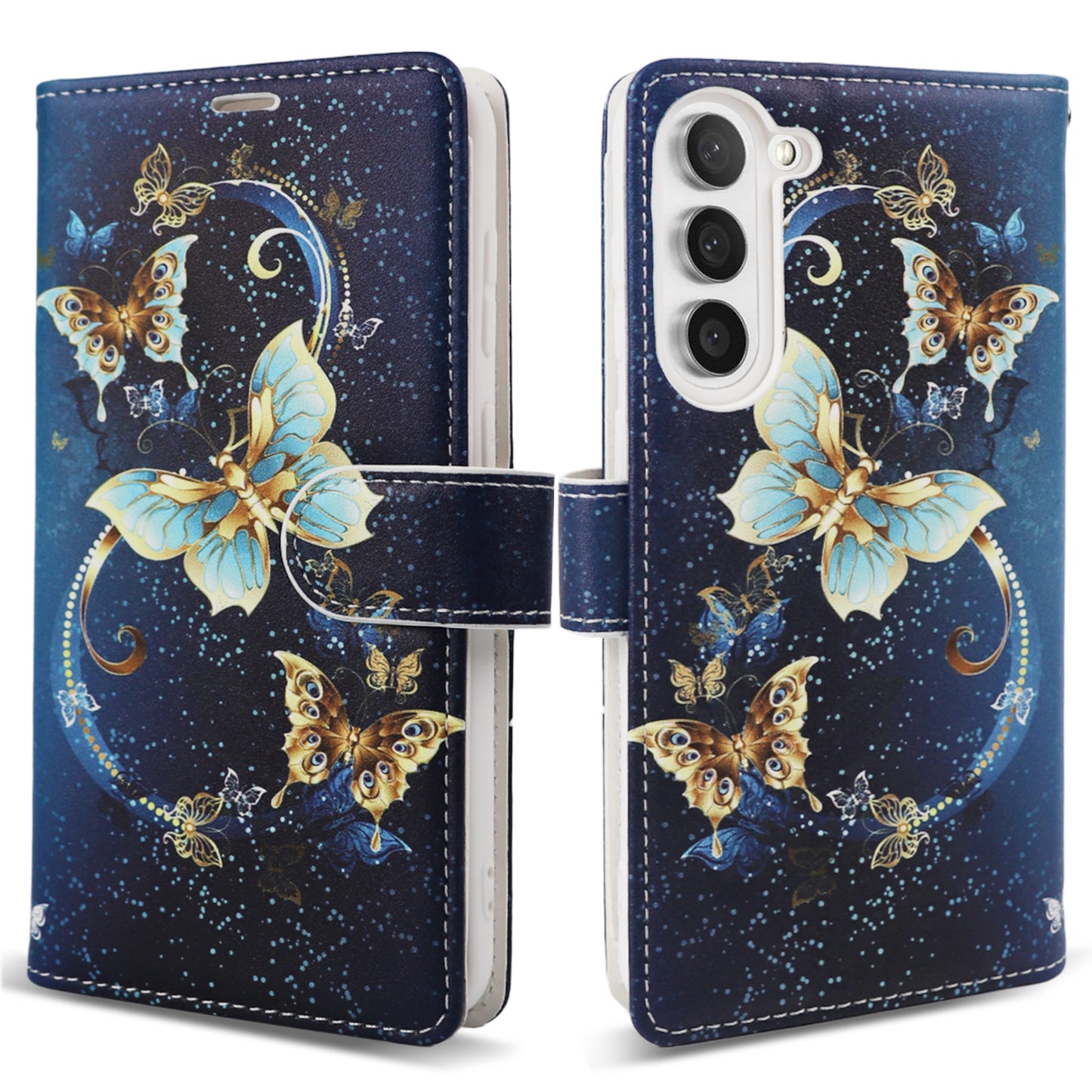 Tough On Samsung Galaxy S23 Flip Wallet Leather Case Butterfly Blue Holly