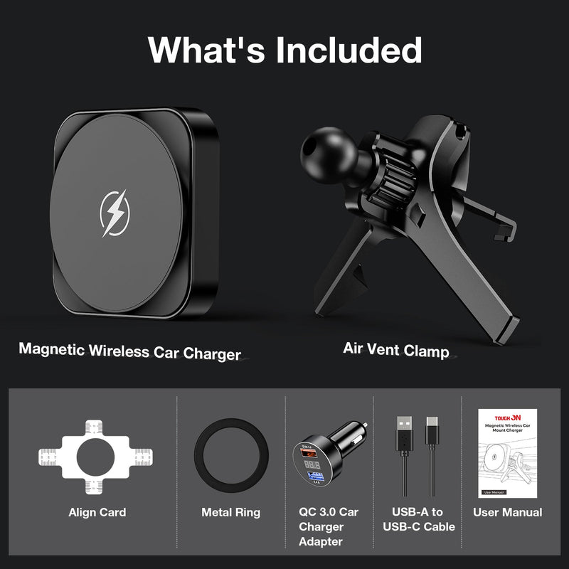 Tough On Magnetic Wireless Car Charger Mount with MagSafe and QC 3.0 Fast Car Charger