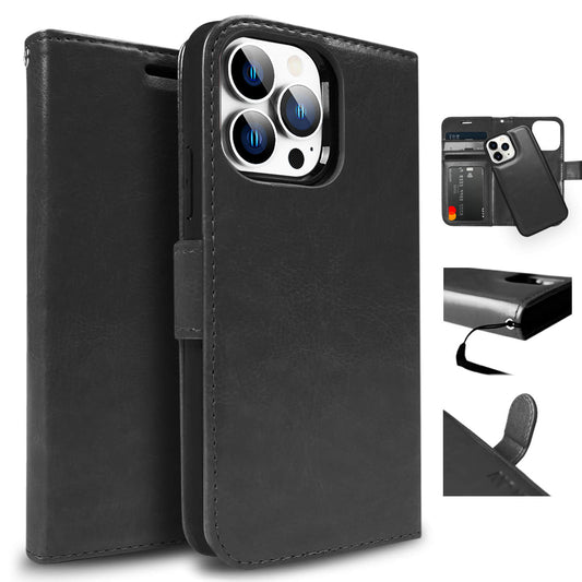 Tough On iPhone 15 Pro Max Case Magnetic Detachable Leather Black