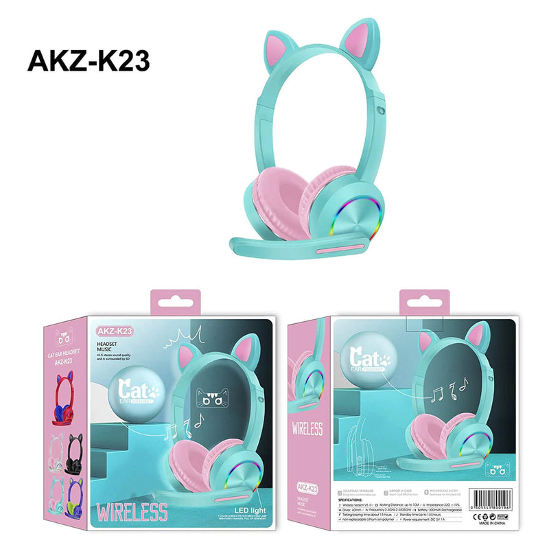 Wireless Headphones Cat Ear Bluetooth Over Ear w/Microphone Kids Headsets Blue