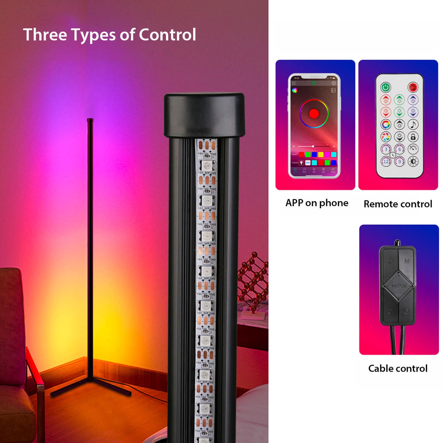 LED RGB Corner Floor Lamp with Remote & App Control 90cm