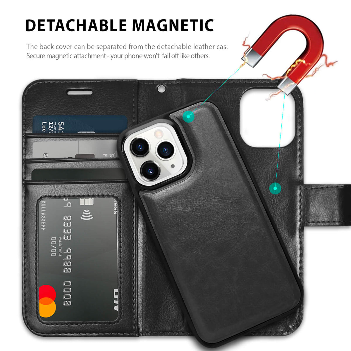 Tough On iPhone 15 Pro Max Case Magnetic Detachable Leather Black