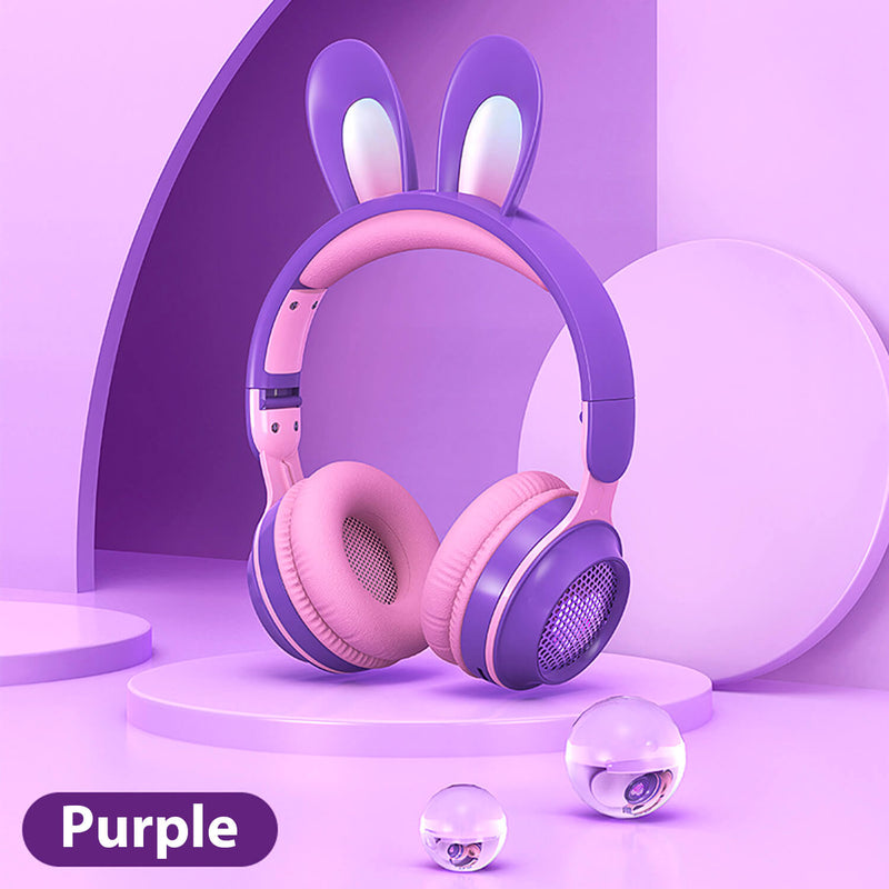 Wireless Headphones Rabbit Ear Bluetooth Over Ear w/Microphone Kids Purple