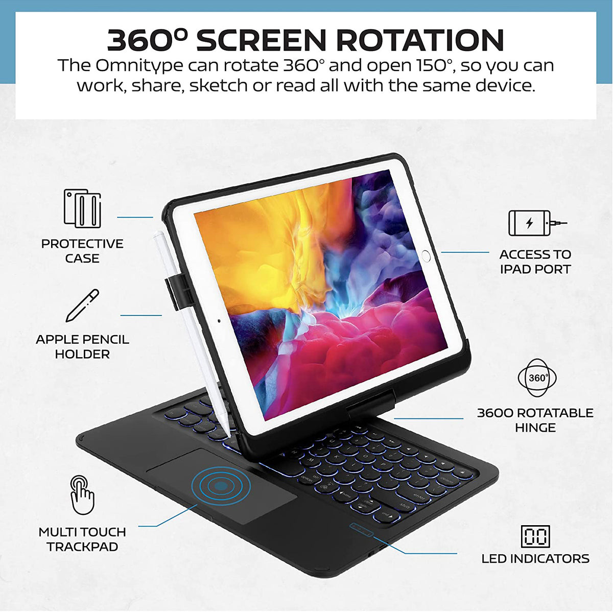 Tough On iPad 5 / 6th Gen 9.7" Case Bluetooth Keyboard Cover Rotation Case Black