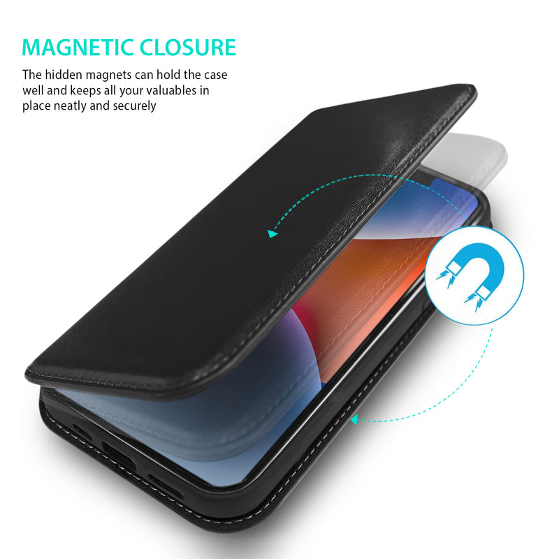 Tough On iPhone 14 Plus Case Magnetic Fine Leather Detachable Black