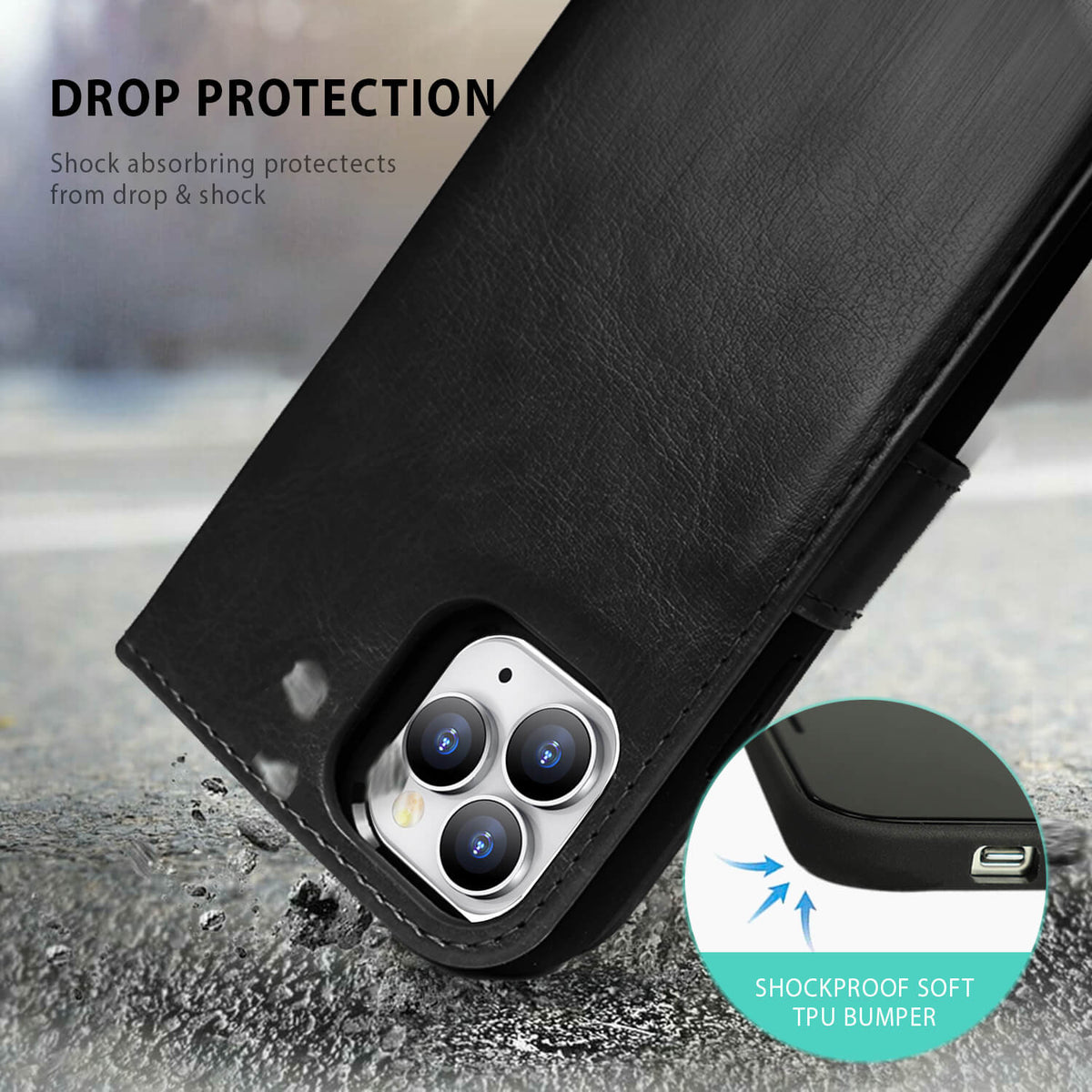 Tough On iPhone 15 Pro Max Case Magnetic Detachable Leather Black