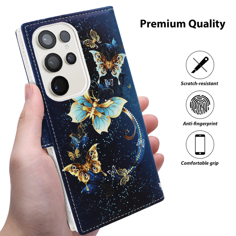 Tough On Samsung Galaxy S23 Ultra Flip Wallet Leather Case Butterfly Blue Holly