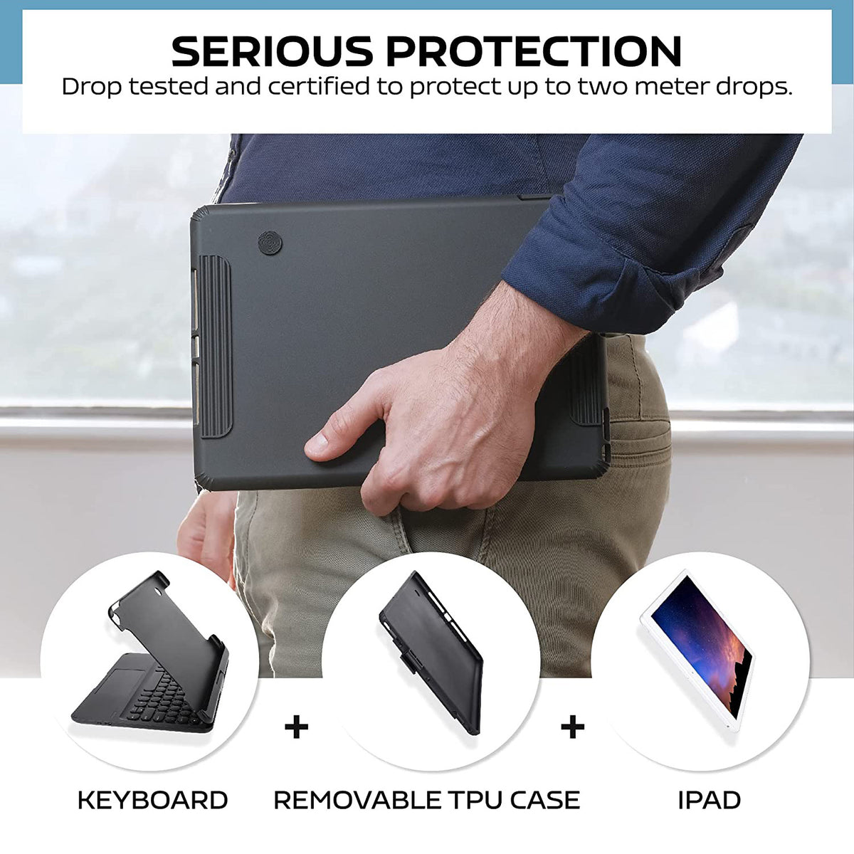 Tough On iPad 5 / 6th Gen 9.7" Case Bluetooth Keyboard Cover Rotation Case Black