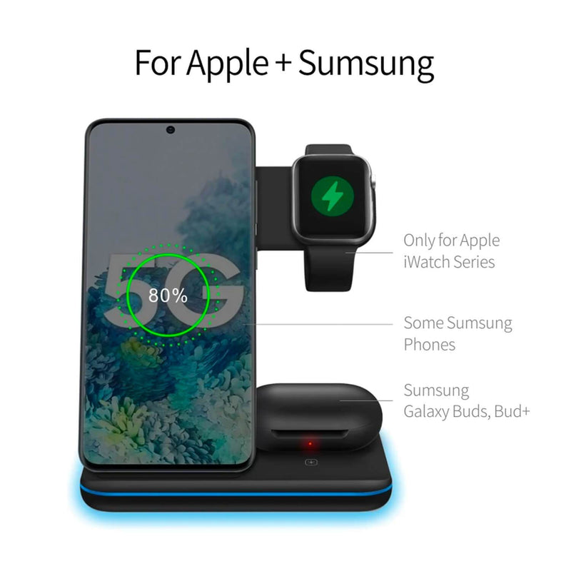 Tough On 3 in 1 Wireless Charger Stand Dock for Apple iPhone Watch Airpods & Samsung