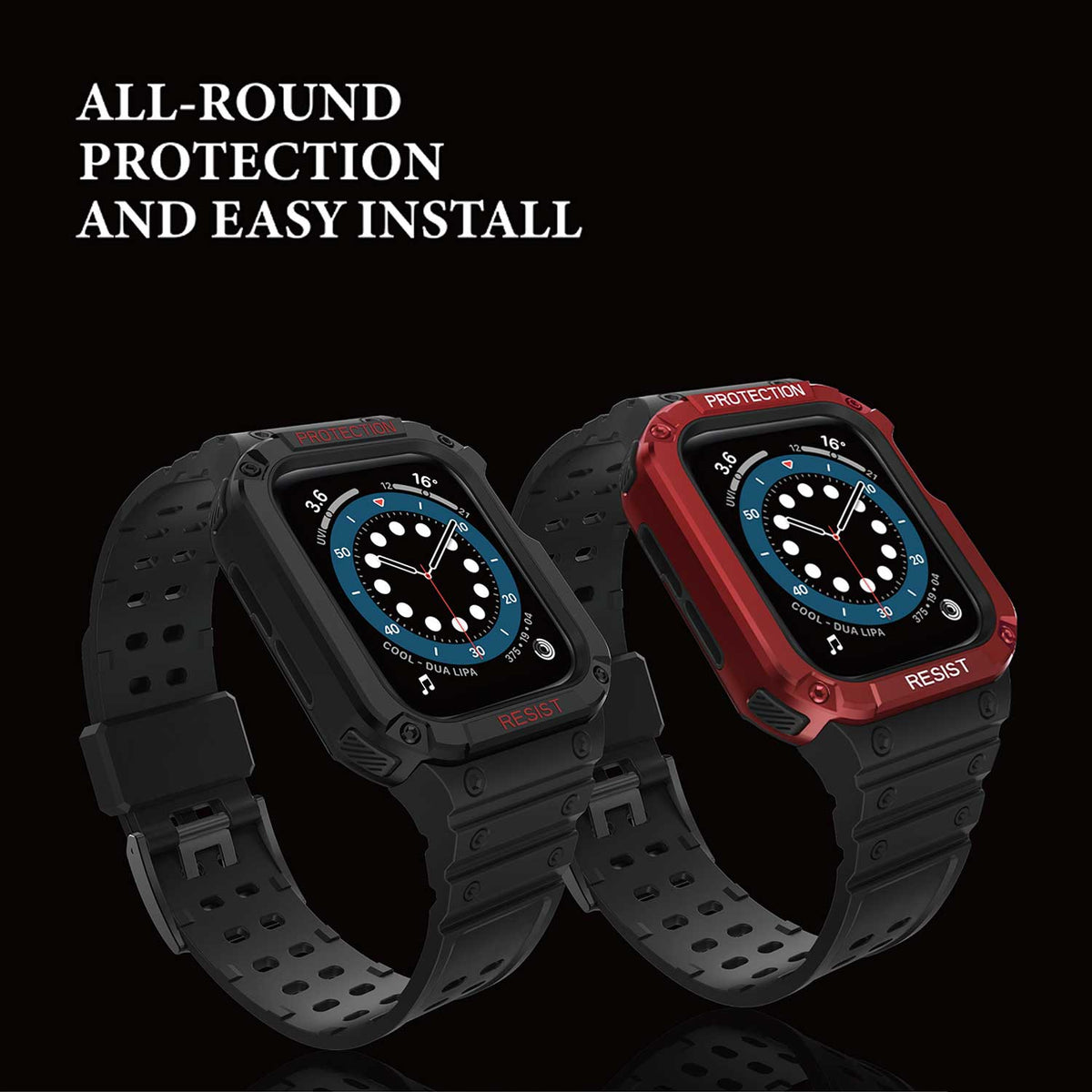 Tough On 2-in-1 Apple Watch Band with Case 42/44/45mm Rugged Protection Black/Red - Toughonstore