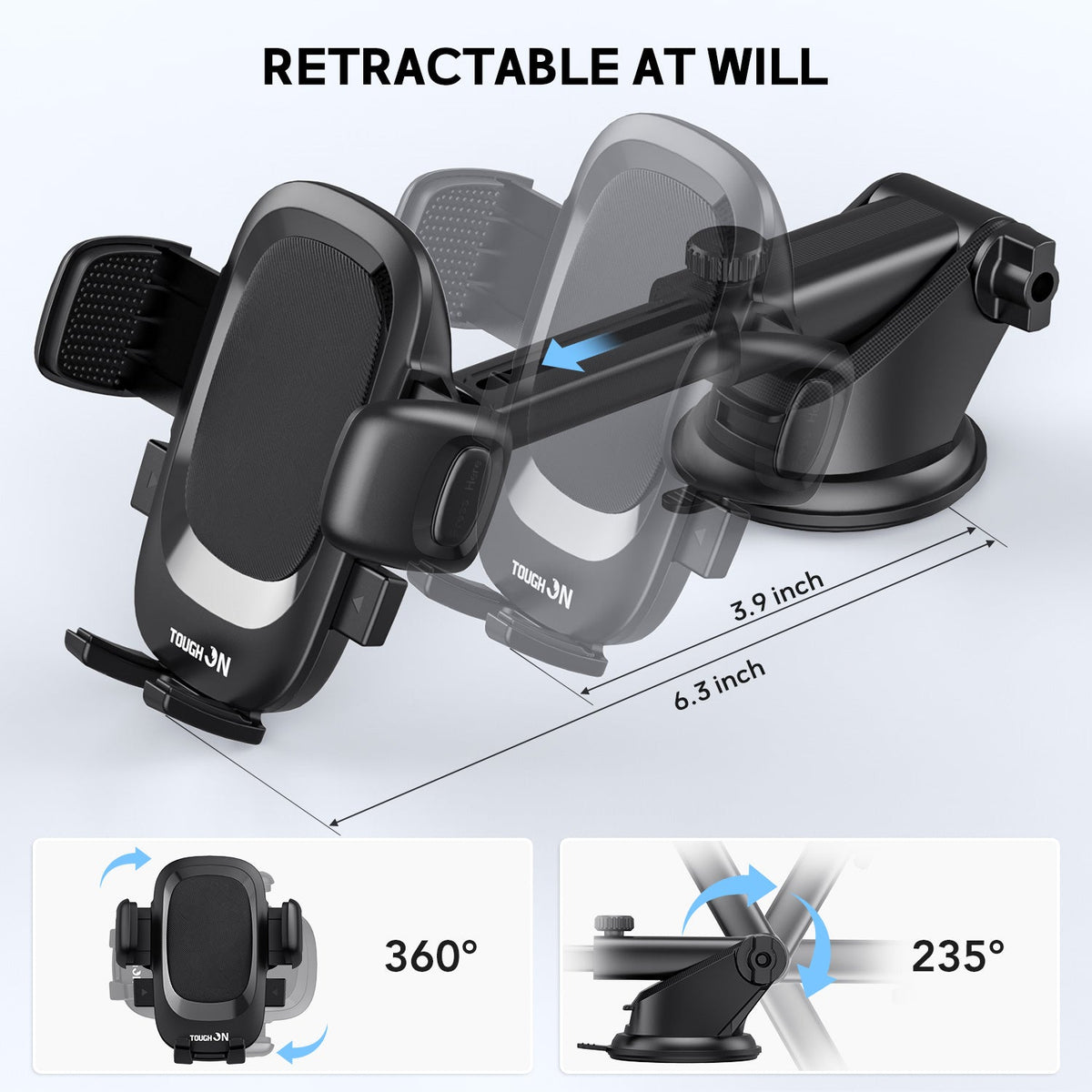 Tough On Universal 3 in 1 Car Mount Phone Holder for Dashboard Air Vent Windshield