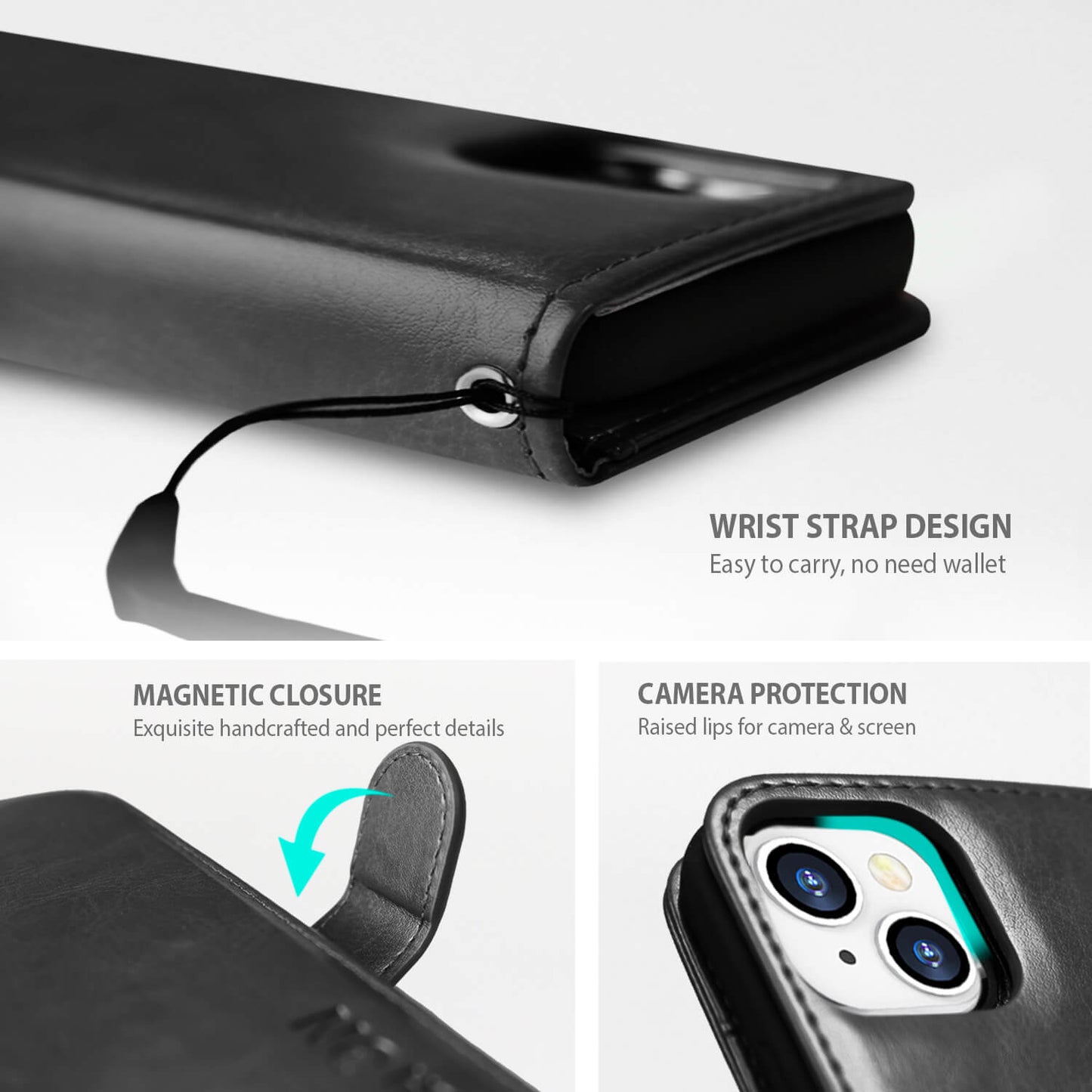 Tough On iPhone 15 Case Magnetic Detachable Leather Black