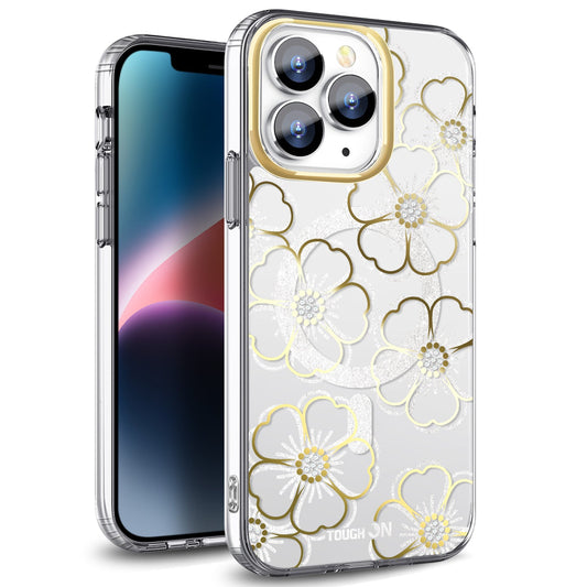 Tough On iPhone 15 Pro Case Golden Floral Emerald With MagSafe