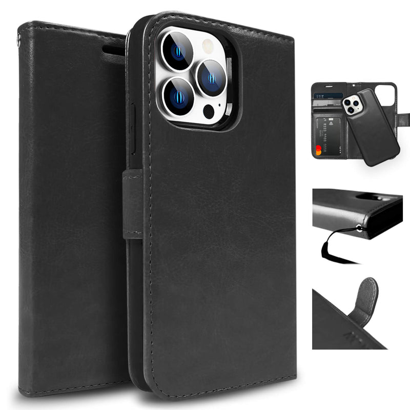Tough On iPhone 15 Pro Case Magnetic Detachable Leather Black